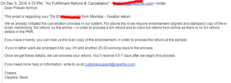 Dec 9th: Email from Cleartrip Team
